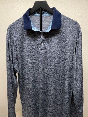 Long-Sleeve Navy Marled Polo with Contrast Collar
